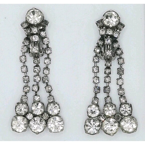 Vtg Clear Rhinestone 3 Strand Drop Dangle Silver Tone Clip-on Earrings 2.5" XLNT - Picture 1 of 4